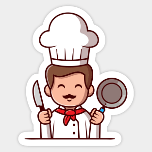 Cute Chef Holding Frying Pan And Knife Cartoon Sticker